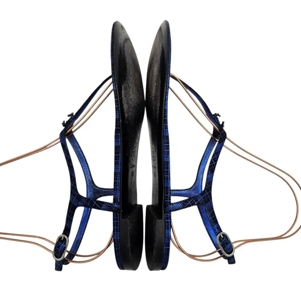 Chanel CC Flat Thong T Strap Sandal Blue Leather Black Silver Size 40 C US 9 9.5
